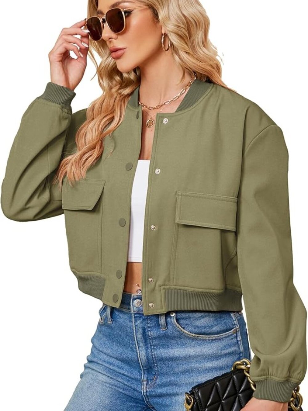Women's Army Green Short Trendy Casual Lightweight Side Pocket Bomber Jackets